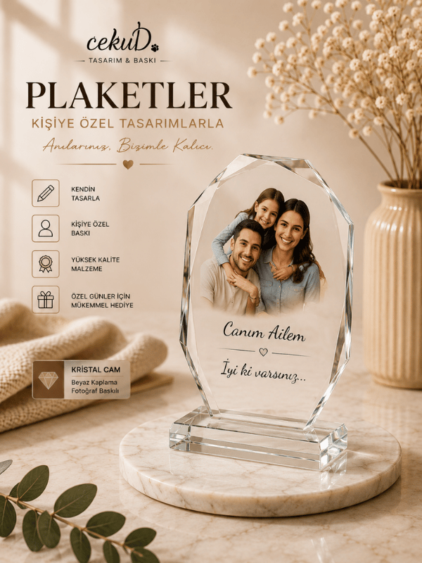 Kişiye Özel Kristal Plaket Beyaz Kaplama Fotoğraf Baskılı Cam Masa Üstü Hediye