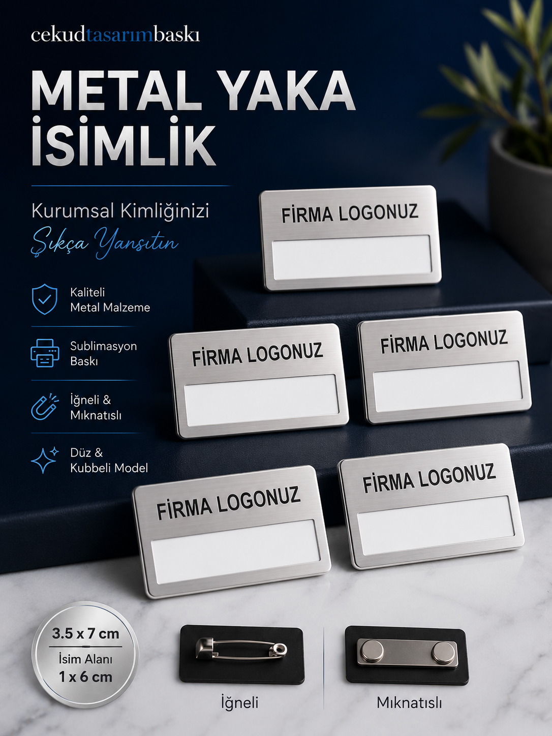 Gümüş Renk 5'li Firma Logolu İsimlik Yaka Rozeti - Düz