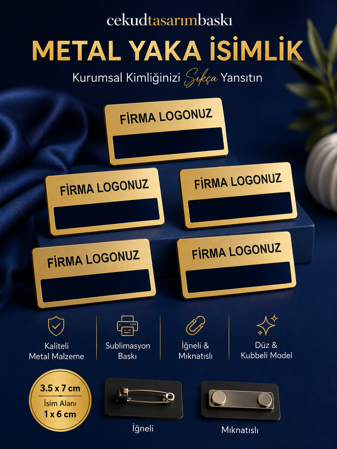 Gold  Renk 5'li Firma Logolu İsimlik Yaka Rozeti - Düz