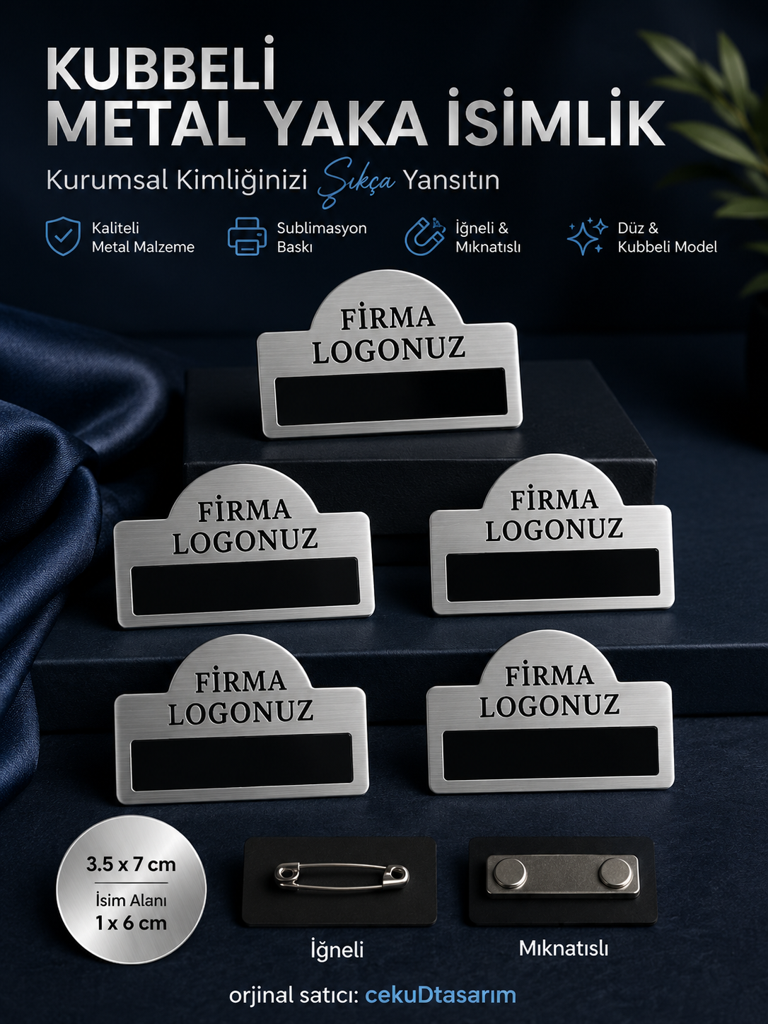 Gümüş Renk 5’li Mıknatıslı Metal Yaka İsimliği