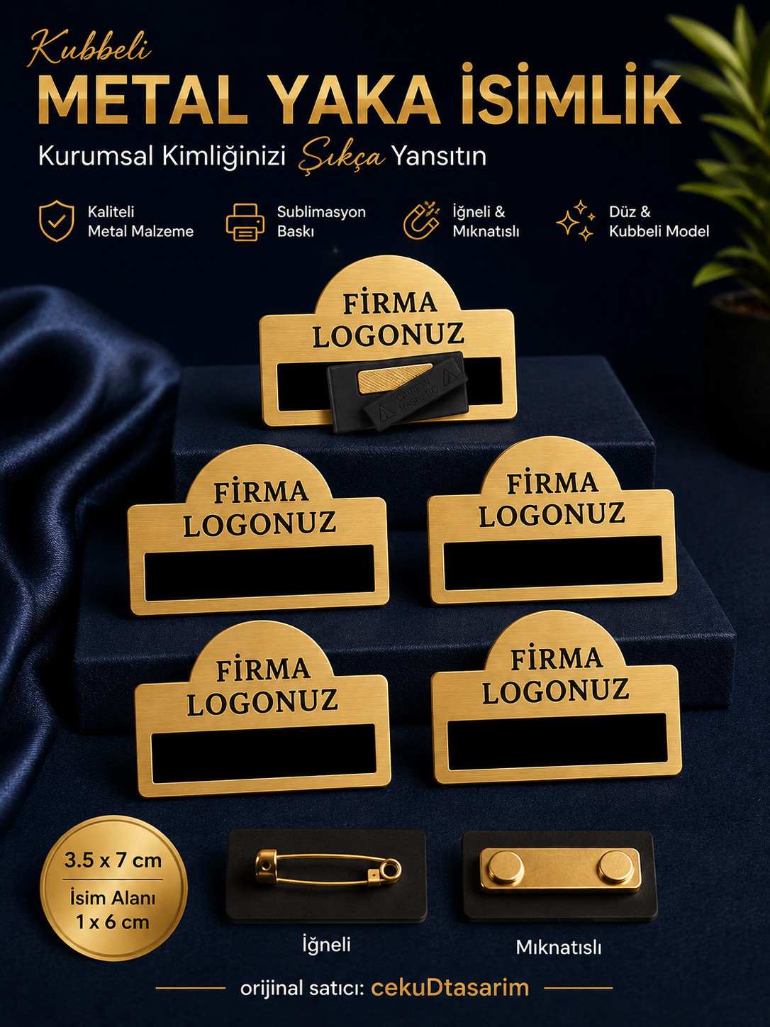 Gold Renk 5'li Mıknatıslı Metal Yaka İsimliği