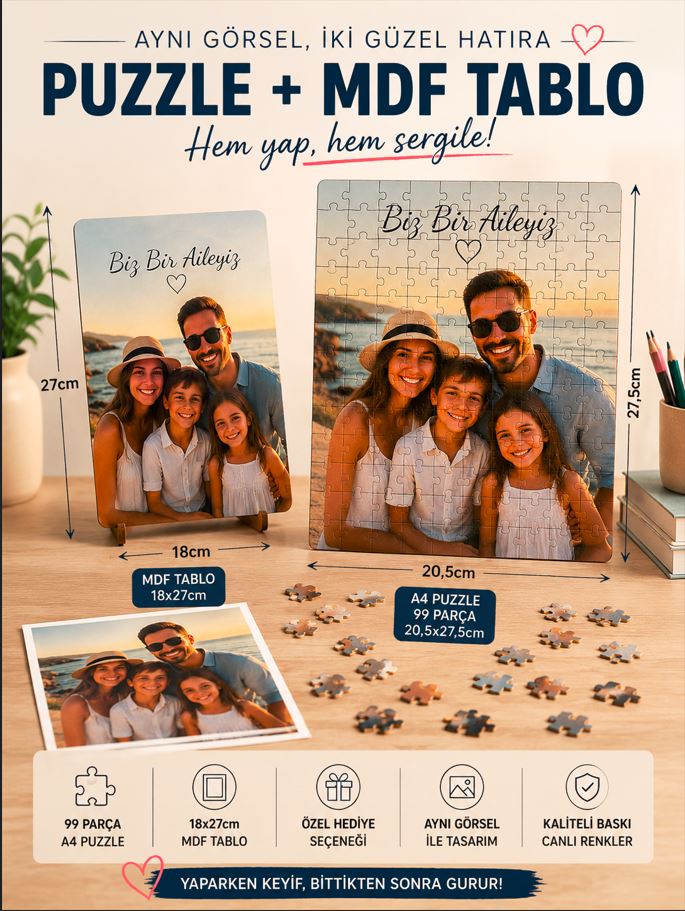 Kişiye Özel A4 99 Parça Fotoğraf Puzzle ve 18x27 cm MDF Tablo Seti Anı Hediyesi