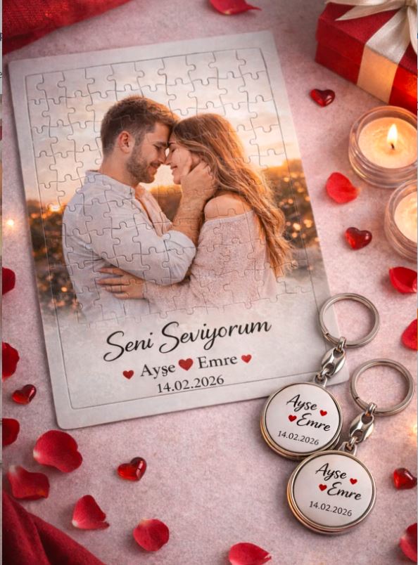 Kişiye Özel Sevgililer Günü Fotoğraflı Puzzle ve Anahtarlık Seti – Romantik Hediye