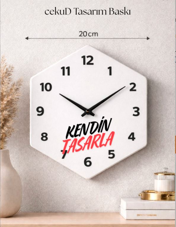 20 cm Kendin Tasarla MDF Duvar Saati – Kişiye Özel Baskı – Fotoğraflı & İsimli Altıgen Saat