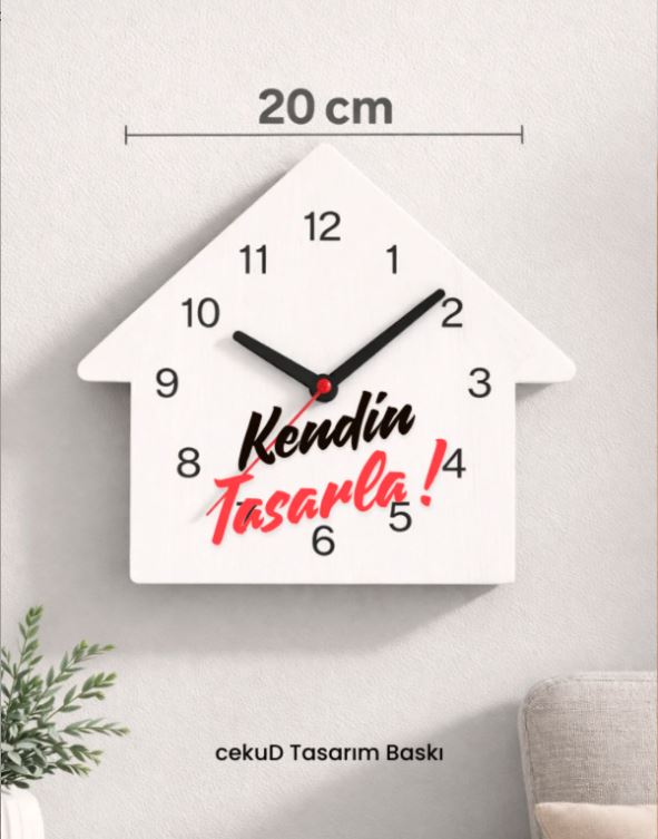 Kendin Tasarla 20 cm Ahşap Ev Şeklinde Duvar Saati | Kişiye Özel Baskılı Dekoratif Saat
