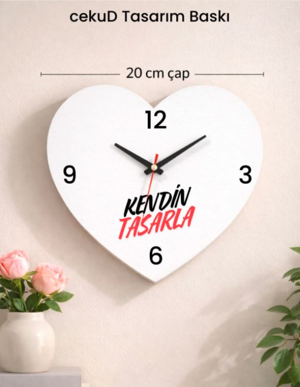 Kendin Tasarla Kalp MDF Duvar Saati 20 cm | Kişiye Özel Baskılı Kalp Saat | Dekoratif Duvar Saati